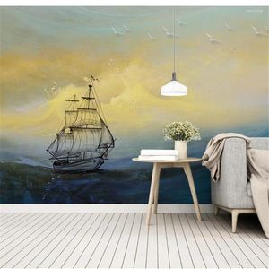 Wallpapers Wellyu Papel De Parede 3d Custom Wallpaper Scandinavian Retro Wind And Waves Breaking The Ocean Sailing Oil Painting Wall