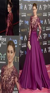 Women Purple Long Sleeve Prom Dresses Formal Party Gowns Sheer Jewel Neck illusion Satin A line 3D Flowers Pearls Celebrity With P9097747