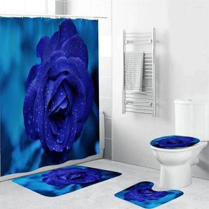 Duschgardiner Blue Rose Curtain Set icke-halkmattor toalettstol och badmatta vattentätt alla hjärtans dag badrum