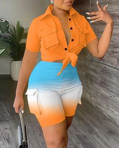 Två stycken uppsättningar 2023 Summer Fashion Print Turndown Collar Kort ärmbunden detalj Top Casual Pocket Shorts 240325