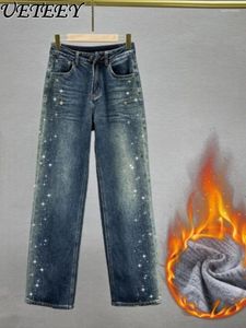 Kadınlar Kot ağır endüstri rhinestone denim geniş-bacak pantolon sonbahar kış ince kadife kalın düz bacak streç moda