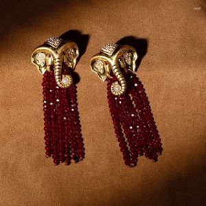 Dangle Earrings Vintage Golden Elephant Retro Red Crystal Beads Tassels Earings Jewelry