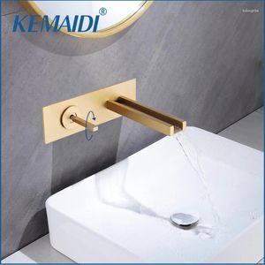 Bathroom Sink Faucets KEMAIDI Brushed Gold Basin Faucet Wall Mounted Brass Bathtub Waterfall Mixer Tap Single Lever Taps