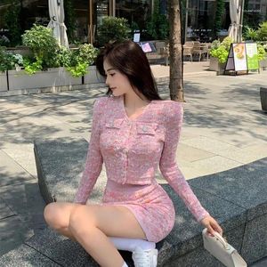 Work Dresses Sweet Girl Suit For Women's Spring Vintage Knitted Cardigan High Waist Hip Wrap Skirt Two-piece Set Fashion Female Clothes