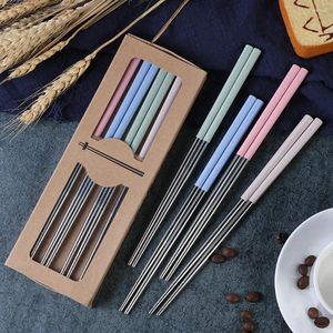 Chopsticks 4pair With Case Household Stainless Steel Tableware Reusable Multicolor Set Dishwasher Safe Gift Pick Up Easy Clean