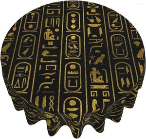 Tischdecke, ägyptische antike goldene Hieroglyphen auf schwarzer runder Tischdecke, 152,4 cm, waschbar, wasserabweisend, auslaufsicherer Bezug