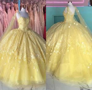 2023 Yellow Lace Flowers Quinceanera Dresses With Cap Tulle Pearls Spaghetti Strapless Laceup Ball Gowns Formal Dress Sweet 15 163851407