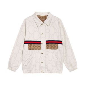 Designer Luxury Chaopai Classic Fashionable Men and Women Autumn Winter Off White Classic Red and Blue Ribbon Jacquard Spliced Canvas Denim Coat