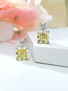 Stud Earrings Yellow Diamond Square Ascot Set In Pure Silver With High Carbon Light Luxury Versatile Wedding Jewelry