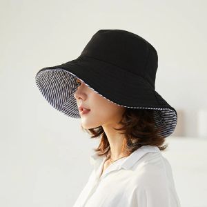 Double-Sided Solid Color Stripe Women Bucket Hat Spring Summer New Wide Brim Sun Hats Outdoor Beach Travel Panama Cap