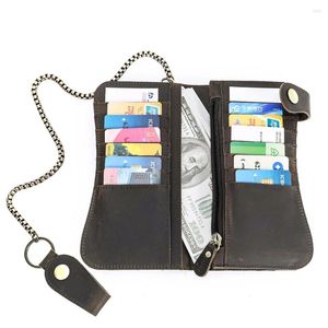 Wallets Fashion Genuine Leather Phone Purse Wallet Long Vintage Style With Iron Chain Clip Zipper For Man