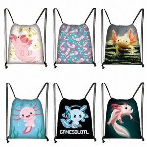 kawaii Axolotl Backpack Gamesolotl Gamer Women Drawstring Bag for Travel Cute Boys Girls Shoulder Bag Bookbag Shoes Holder Gift W0Mb#