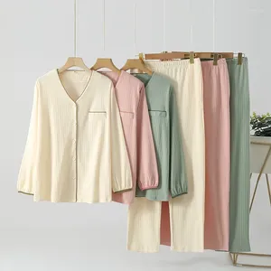 Casa roupas outono e inverno cor sólida algodão malha cardigan camisa com decote em v tops calças compridas 2 peças pijamas femininos conjunto roupas soltas