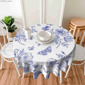 Table Cloth Spring Flower Tablecloth Round 60 Inch Blue White Table Cloth Waterproof Fabric Farmhouse Floral Butterfly Tablecloths Decor Y240401