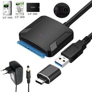 SATA till USB 3.0 Adapter SATA -kabel för 2,5/3,5 tum SSD HDD SATA III Hårddiskdiskstöd UASP med 12V/2A -strömgränssnitt