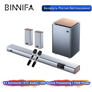 Spelaren Binnifa Simulate 5.1 Wireless Sound Surround Home Theatre Live3D KTV 5.8G Wireless Microphone DSP Subwoofer Högtalare Bass 155W