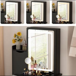FAMAPY Vanity Mirror with Lights Desk and Chair, Vanity Desk with Sliding Lighted Mirror, Makeup Vanity with Lights, Drawers