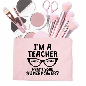 Jag är en lärare Canvas Pink Cosmetic Cases påsar Makeup Pouch Lipstick Organisatörer tillbaka till skollärarens presenttoalettväska v2lz#