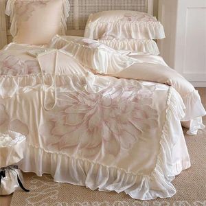 寝具セットピンク120Sエジプト綿フランスのロマンチックなエレガントなレースフリル花刺繍セット布団カバーベッドシート枕カバー