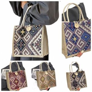 Холщовая сумка с вышивкой в этническом стиле Kawaii Портативная ткань с принтом и принтом Сумка для обеда Сумка для мамы Большая льняная сумка Travel T2HX #