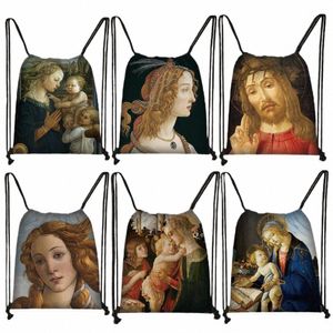 Pintor italiano botticelli pintura a óleo sacos de cordão feminino retro arte fi saco de armazenamento sapatos de viagem titular adolescente bookbag t325 #