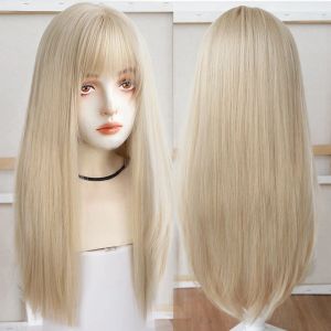 かつらHouyan Synthetic Long Straighair Platinum Blonde Wig Memaly Bangs Synthetic Cosplay Lolita Heatresistant Party Wig