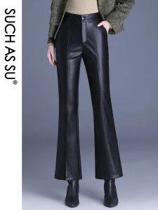 High Quality Women Pockets Pants 2023 Autumn Winter Slim Fit Ankle-Length PU Leather Elastic Waist Flare Split Trousers Female