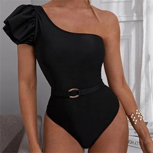 Mulheres Swimwear Puff Manga Biquíni Cintura Alta Um Ombro Maiô Preto Monokini Mulheres Elegantes Sexy One-Peça Beach Wear Maiô