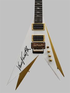 نادر مزدوج الخامس قبلة Vinnie Vincent Pearl White Gold Flying v Guitar Electric Floyd Rose Tremolo Tailpiece ، قفل الجوز ، الأجهزة الذهبية