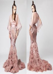 Luxury Feather Mermaid Prom Dresses Pink V Neck Lace Long Sleeve Evening Gowns Sequins Illusion Beaded Women Formal Party Dress5588939