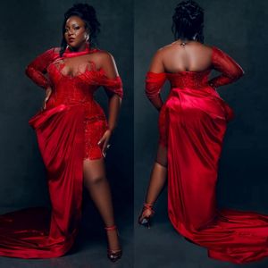 2024 Plus Size Vestidos de baile curtos para mulheres negras Illusion Vestidos de noite Elegante Illusion Mangas compridas Frisadas Rendas Vestido de festa de aniversário para ocasiões especiais AM648