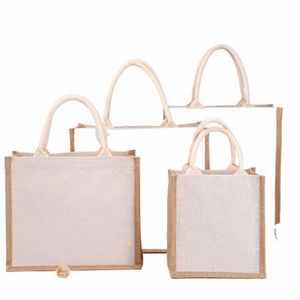 säckväv jute tote butik väska för kvinnors vintage återanvändbar livsmedelsväska stor kapacitet duk handväska ctrast färg handgjorda väska y6ce#