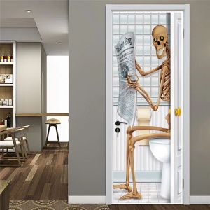 Klistermärken skelett som läser en tidning 3D -dörrklistermärke Självadhesivt vattentätt DIY Heminredning Bakgrund för dörrar vardagsrum Förnya väggmålningen