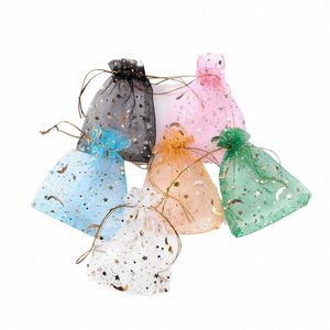 100pcs/lot Mo Star Organza Bags 7x9cm Small Christmas Drawstring Gift Bag Charm Jewelry Boxes Organizer Packaging Bags Pouches 82vG#