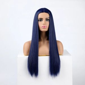 Peruker nyckfullt syntetiskt mörkblå hår kvinnors mode nya marinblå lång cosplay peruk värmebeständig peruk för kvinnor