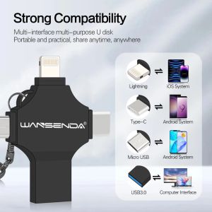 Wansenda 4 в 1 USB 3.0 Thumb Drive для iPhone/iPad/IOS/Android/PC 256GB 128GB CLE USB -память 64 ГБ 32 ГБ 16 ГБ флэш -накопитель