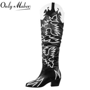 Onlymaker Woman Knee High Boots Western Cowboy Boots Wide Calf Embroidered Women Pointed Toe Block Heel Pull-On Cowgirl Boots