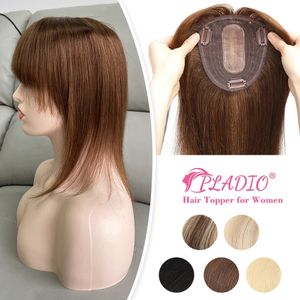 PLADIO 1312cm 8 10 12 14 Topper Hair Piece with Bangs 100% Real Remy Human for Women With Thin 240327