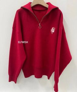 Damen-Kapuzenpullover, modisches rotes Baumwoll-Wollmischung-Strick-Sweatshirt mit Matrosenkragen und Reißverschluss, gestickter Aufnäher vorne an der Schulter