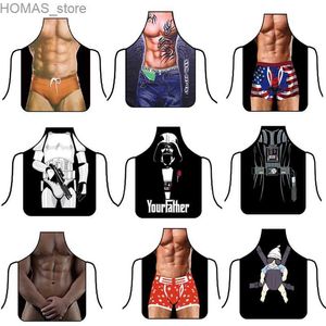 Фартуки New 26 Muscle Mens Kitchen Apron Sexy Womens Fun Arpry Print Print Pronge Party Party, уборка милый фартук Y240401