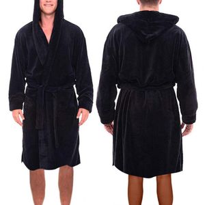 Elegant ankel längd fast färg öppen söm vinter varm huva lång fleece hemklänning sömnkläder män nattklänning anti-frys