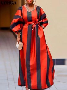 カジュアルドレスヴォンダ秋のドレス女性ボヘミアンストライプ印刷マキシサンドレス2024ランタンスリーブルーズベルトパーティーベスティドス