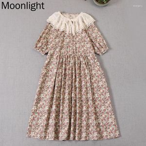 파티 드레스 일본 스타일의 스타일 모리 소녀 플로럴 프린트 여성 여름 레이스 up ruffle doll collar 짧은 슬리브 코튼 린넨 미디 느슨한 드레스