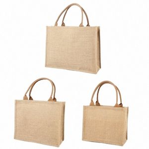 Jute Burlap Tote Grandes Sacos de Supermercado Reutilizáveis ​​com Alças Mulheres Shop Bag Beach Vacati Travel Storage c1Bj #