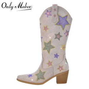 Onlymaker Women Rhinestone Mid-Calf Boots Glitter Bling Shiny Western Pointed Toe Block Heel Pull-On Cowgirl Booties