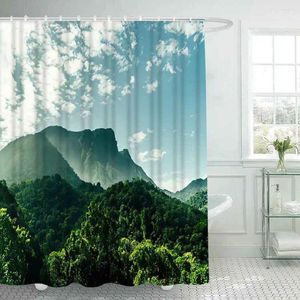 Duschgardiner majestätisk grön bergskog vacker vattenfall badrum frabisk vattentät polyesterbad gardin med krokar