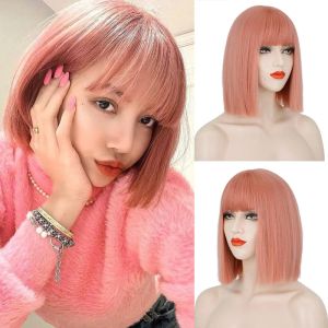 Wigs Short Bob Wig With Bangs Synthetic Pink Cosplay Wig Natural Straight Synthetic Bob Wig With Bangs For Woman Daily Cosplay Party