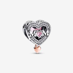 Två-ton OpenWork Mom Heart Charm Pandoras 925 Sterling Silver Luxury Charm Set Armband Making Pewad Charms Designer Halsband Pendant Original Box Fast Shipping