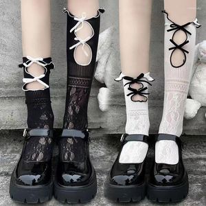 Женские носки в стиле ретро, милые носки в стиле Лолиты для девочек, полые чулки с бантом, черно-белые носки с рюшами, индивидуальные кружевные чулочно-носочные изделия
