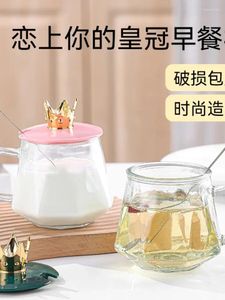 Mugs Crown Mug With Spoon Lid Heat-resistant Glass Water Cup Female Household Milk High Aesthetic Office Coffee